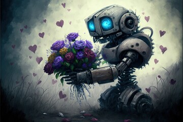 A broken robot carrying a bouquet of purple flowers. Fantasy concept , Illustration painting. Generative AI