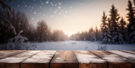 Wood table mockup with falling snow on background. Empty copy space for product presentation. Generative AI