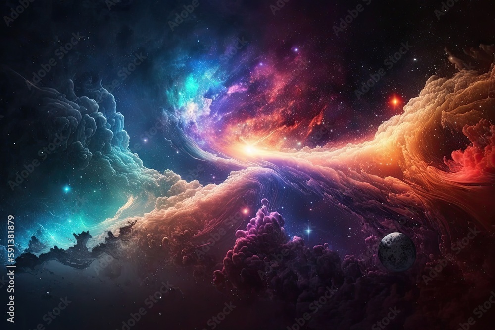 Poster beautiful space scene with shining stars and colorful clouds. generative ai