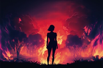 Silhouettes of a woman against a backdrop of a burning village. Fantasy concept , Illustration painting. Generative AI