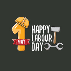 Cartoon Happy labour day vector label isolated on grey. vector happy labor day background or banner with engineer helmet, hummer and wrench. workers may day poster