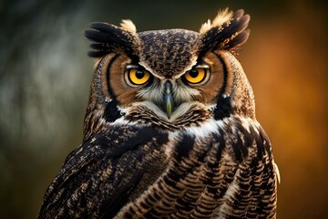 Obraz premium close-up of an owl with striking yellow eyes. Generative AI