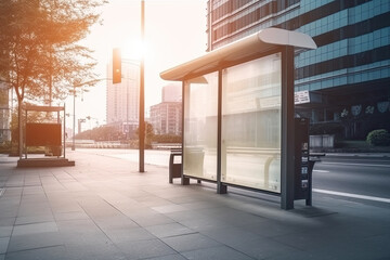 Empty bus stop in the city, modern urban scene, light effect, Generative AI