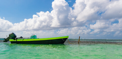 summer vacation with sea boat at beach, banner. summer vacation with travel sea boat.