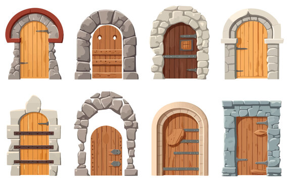 set vector illustration of ancient castle and strong wooden door isolate on white background