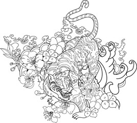 Fototapeta premium Japanese tiger with sakura flower and water splash tattoo.Illustration design tiger and cherry peach flower art vector.