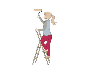a girl paints a wall with a roller while standing on the stairs. Does the repair of the painter