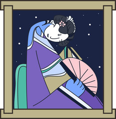 black and white vector illustration in flat cartoon style.Geisha white face in Kyoto at night.Triangle japanese grapic Geisha in Gion Kyoto.