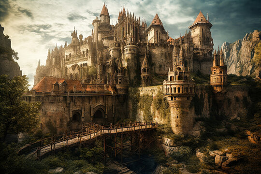 Romantic Medieval Castles. Generative AI.
A digital painting of a medieval castle.