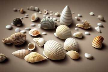 Fototapeta na wymiar Various Seashells on a brown background. AI Generated Image.
