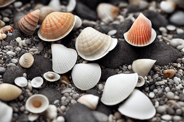 Fototapeta na wymiar Set of seashells on the beach. Selective focus. AI Generated Image.