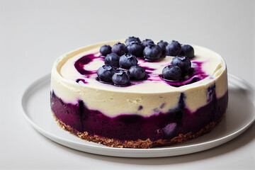 Cheesecake with fresh blueberries on a white plate on a dark background. AI generated.
