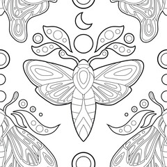 Vector contour mystical seamless pattern with moths, leaves and moons on white background. Gentle monochrome texture with butterflies.