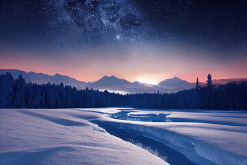 Beautiful winter landscape with mountain river and starry sky at night. AI Generated Image.