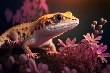 Obraz premium Cute leopard gecko and flowers on a dark background. AI Generated Image.
