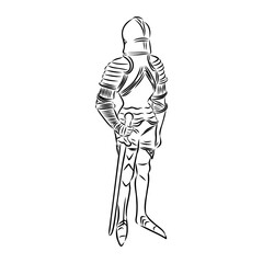 Knight armour engraving vector illustration. Scratch board style imitation. Black and white hand drawn image.