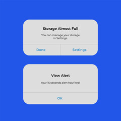 Iphone Notification Boxes Template. Smartphone Warning or Message Interface. Vector illustration. Android. Smartphone. Storage almost full. View Alert. Ok. Done. Settings