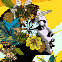 Illustrated floral, natural portrait. The figure of young beautiful girl using collage technique with spring flowers on her face and body. Retro vivid colors. Illustration, Generative AI.