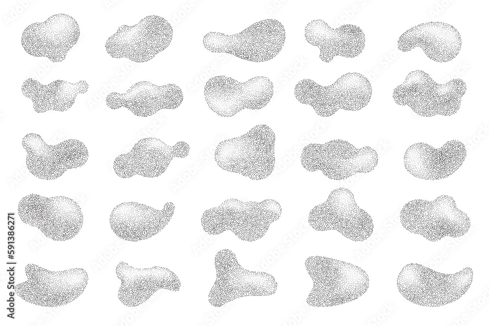 Poster abstract halftone shapes with fluid gradient dots. liquid stipple grunge stains with gradation. grai