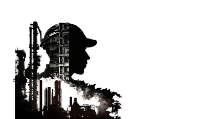 Multiple exposures with worker and factory. White background and silhouettes.