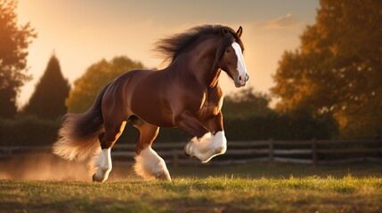 Majestic Clydesdale Galloping in Golden Hour