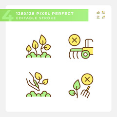 Fototapeta premium Ecological farming green RGB color icons set. Environmentally friendly. Organic agriculture. Growing food. Isolated vector illustrations. Simple filled line drawings collection. Editable stroke