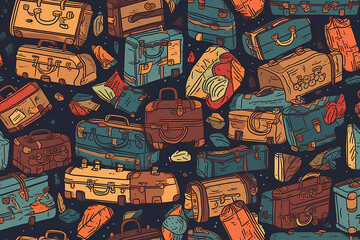 Colorful luggage and travel goods arranged in an illustrative texture. Generative AI