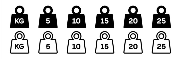 Weight of 5 kg, 10 kg, 15 kilo, and 20 kilograms vector icon set illustration 10 eps.