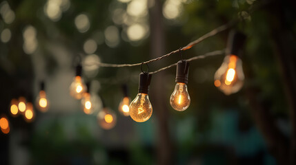 Festive string lights hanging in a backyard on bokeh background, perfect for parties. Generative AI
