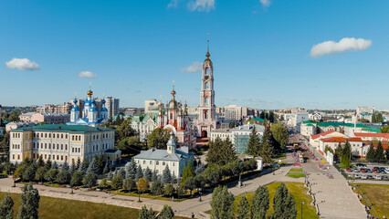 Fototapeta na wymiar Tambov, Russia. Belfry of the monastery of Our Lady of Kazan (Tambov), Aerial View
