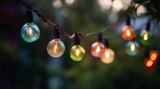 Festive string lights hanging in a backyard on bokeh background, perfect for parties. Generative AI
