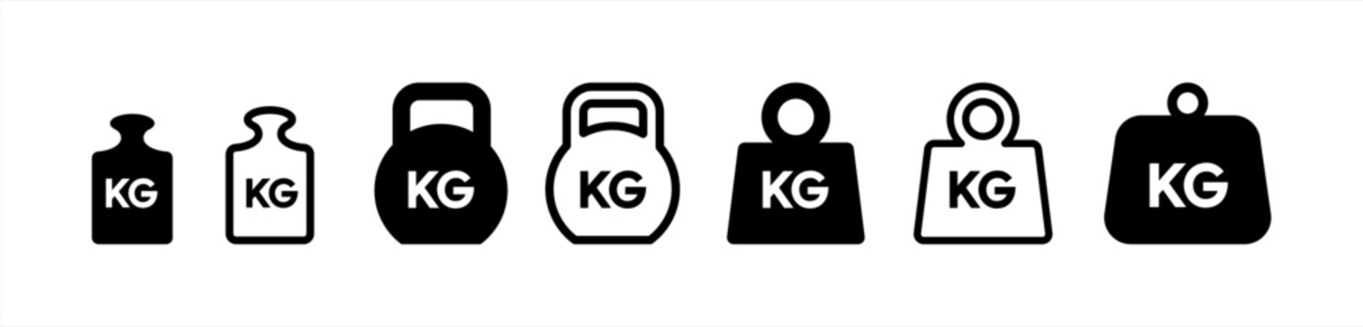 Weight icon set. Kg bell logo. Kettlebell, heavy sign. Iron dumbbell sumbol in vector flat 10 eps.