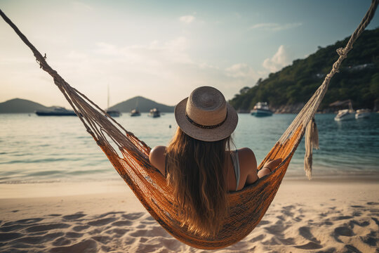 Traveler woman relax in hammock on summer beach Thailand. Rear view. Generative AI