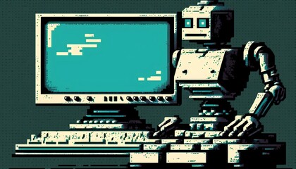 Retro style AI robot and a computer screen. Halftone digital art. Intersection of technology, art, and computer science. Generative AI