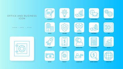 Office and Business collection Icons collection with blue outline style. management, accounting, bank, commerce, company, currency, exchange. Vector Illustration