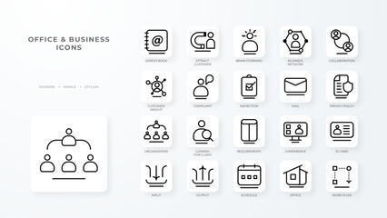 Office and Business collection Icons collection with black outline style. management, accounting, bank, commerce, company, currency, exchange. Vector Illustration