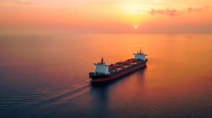 Fototapeta premium Aerial image of huge fuel tanker ship in the sea on sunset. Generative AI