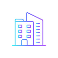 Office building Office and Business Icons with purple blue outline style. city, building, office, icon, architecture, symbol, apartment. Vector Illustration