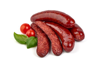 German grilled pork sausages, close-up, isolated on white background.