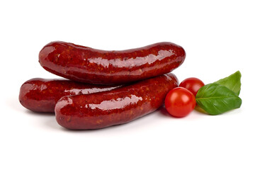 German grilled pork sausages, close-up, isolated on white background.