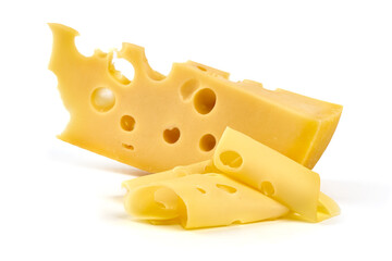 Maasdam cheese, Netherlands cheese, isolated on white background.