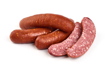 Smoked german sausages, isolated on white background.