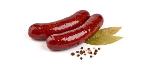 German traditional grilled sausages, close-up, isolated on white background.