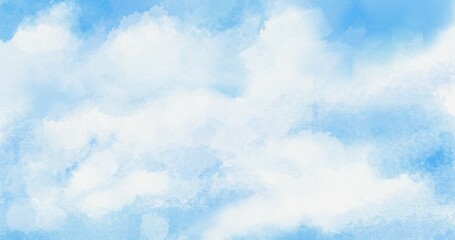Watercolor cloudy sky background. Afternoon cloudscape. Hand painted illustration. Nature drawing on textured paper. Bright wallpaper with overcast heaven panorama. Peace soft view of fluffy clouds. - 591388677