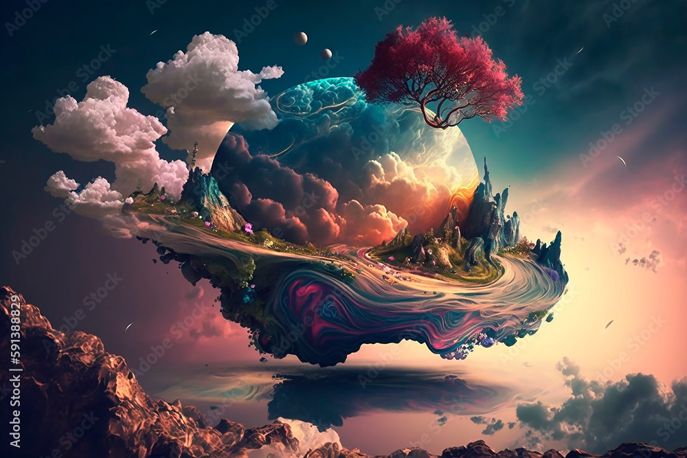 Poster space digital artwork. surreal fantasy cosmos. nebula with planets and stars. sci-fi elements. glowi