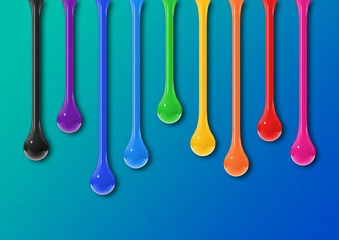 Colorful ink drops on blue background. Horizontal wallpaper
