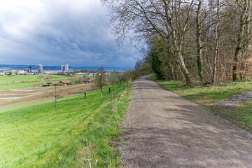 Fototapeta na wymiar Scenic landscape with rural gravel road at City of Zürich district Schwamendingen on a cloudy spring day. Photo taken March 31st, 2023, Zurich, Switzerland.