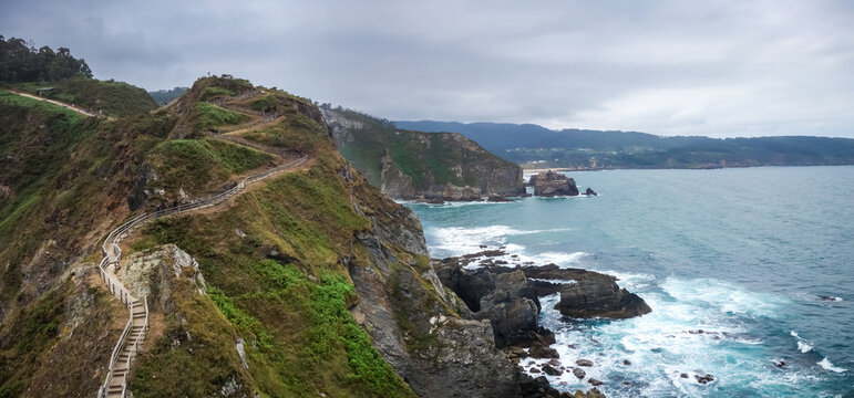 Punta socastro, also called punta fucino do porco. Cliffs and ocean view, Galicia, Spain. Panoramic view