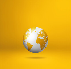 World globe, earth map, isolated on yellow. Square background