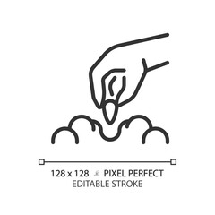 Sowing linear icon. Putting seed in soil. Growing plant. Agricultural process. Gardening season. Organic farming. Thin line illustration. Contour symbol. Vector outline drawing. Editable stroke